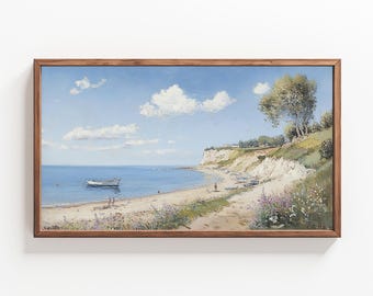 May include: A painting of a seascape with a white sailboat in the distance, a small boat on the shore, and a cliff with green trees and bushes in the foreground.
