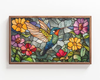 May include: A stained glass window panel depicting a hummingbird in flight with colorful flowers. The hummingbird is blue, green, and yellow, and the flowers are red, yellow, pink, and purple.