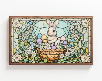 May include: A stained glass window panel depicting a white rabbit sitting in a basket filled with colorful Easter eggs. The rabbit is surrounded by green leaves and white flowers. The background is a light blue and green.