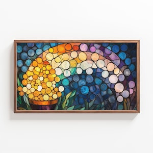 Può includere: Un'opera d'arte in vetro colorato che rappresenta un arcobaleno di bolle colorate in un vaso. Le bolle sono gialle e arancioni, e lo sfondo è un mix di blu, viola e verde.