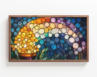 May include: A stained glass artwork depicting a rainbow of colorful bubbles in a pot. The bubbles are yellow and orange, and the background is a mix of blue, purple, and green.