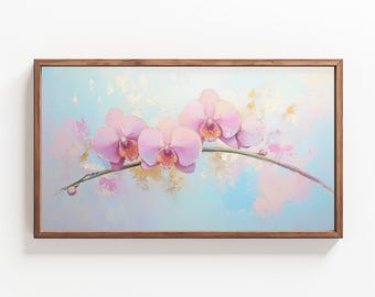 May include: A painting of pink orchids on a branch against a light blue and white background.
