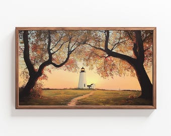May include: A white lighthouse with a light on top stands on a grassy hill with trees in the foreground. The sky is a soft orange and yellow, suggesting a sunset.