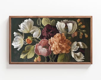May include: A framed floral print featuring a bouquet of peonies in shades of white, peach, burgundy, and orange. The flowers are set against a dark green background, and the frame is a dark brown color. The artwork is a botanical theme.