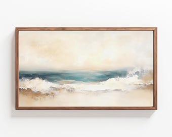 May include: Abstract painting of a seascape with white waves crashing on a sandy beach. The sky is a soft, light yellow and the water is a light blue.