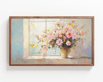 May include: A framed painting of a bouquet of pink and white roses in a vase, set against a window with a view of a blue sky and white clouds.