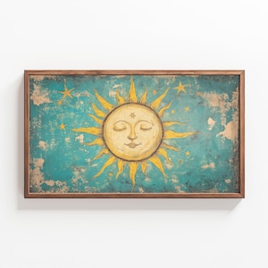 Opera d'arte con volto di sole celeste turchese / Stampa boho invecchiata per carta da parati con cornice per TV Samsung