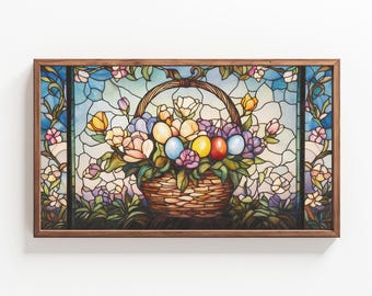 May include: A stained glass window depicting a wicker basket overflowing with colorful flowers and Easter eggs. The basket is surrounded by green leaves and vines. The background is a blue sky with white clouds.