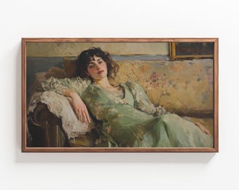 May include: A painting of a woman in a green dress reclining on a floral patterned couch. The woman has dark hair and is looking directly at the viewer.