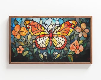 May include: A stained glass window panel featuring a colorful butterfly with orange, yellow, and red wings. The butterfly is surrounded by flowers in shades of yellow, orange, and pink.
