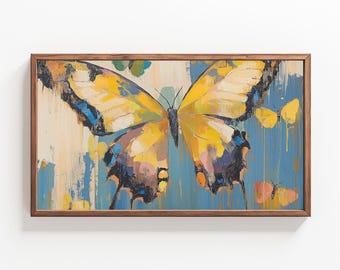 May include: A framed painting of a yellow butterfly with black and blue markings against a blue and white background.