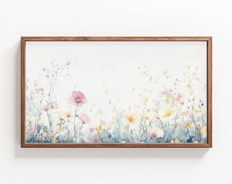 May include: A watercolor painting of a field of wildflowers in shades of pink, yellow, and blue. The flowers are arranged in a horizontal line across the bottom of the painting, with a white background.