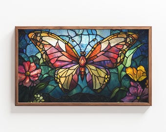 May include: A stained glass window depicting a colorful butterfly with intricate details. The butterfly is surrounded by flowers and leaves in shades of pink, yellow, and green.