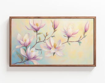 May include: A painting of a branch of magnolia flowers with pink petals and yellow centers. The flowers are arranged in a delicate and graceful way, with some flowers facing the viewer and others facing away. The background is a soft yellow and blue, creating a sense of peace and tranquility.