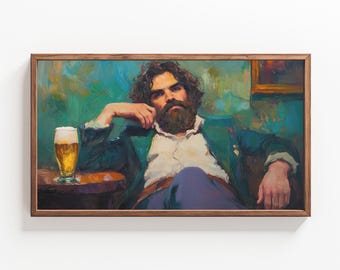 May include: A painting of a man with a beard sitting in a chair with a glass of beer in front of him. The painting is done in a realistic style and the man is looking directly at the viewer.