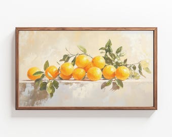May include: A painting of a still life featuring a cluster of ripe oranges with green leaves on a white surface. The oranges are arranged in a loose, natural way, with some overlapping and others spilling over the edge of the surface. The painting is done in a realistic style, with soft brushstrokes and subtle shading.