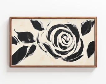 May include: A black and white abstract painting of a rose with a simple, bold style. The rose is painted in a swirling, organic shape with a white background.