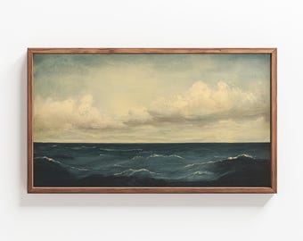 May include: A framed painting of a seascape with a dark blue ocean and white clouds in a light blue sky.