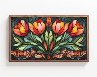 May include: A framed illustration of five stylized tulips with red, orange, and yellow petals. The tulips are surrounded by green leaves and a dark blue background. The frame is brown wood.