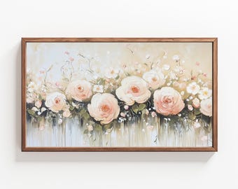May include: A framed painting of a floral arrangement featuring a row of pale pink roses with white accents. The roses are arranged in a cascading pattern against a soft, neutral background.