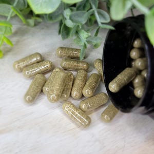 Puede incluir: Una colección de cápsulas verdes, probablemente suplementos, derramándose de un recipiente negro. Las cápsulas son transparentes, revelando una sustancia verde y granular en su interior. Hay follaje verde en el fondo.