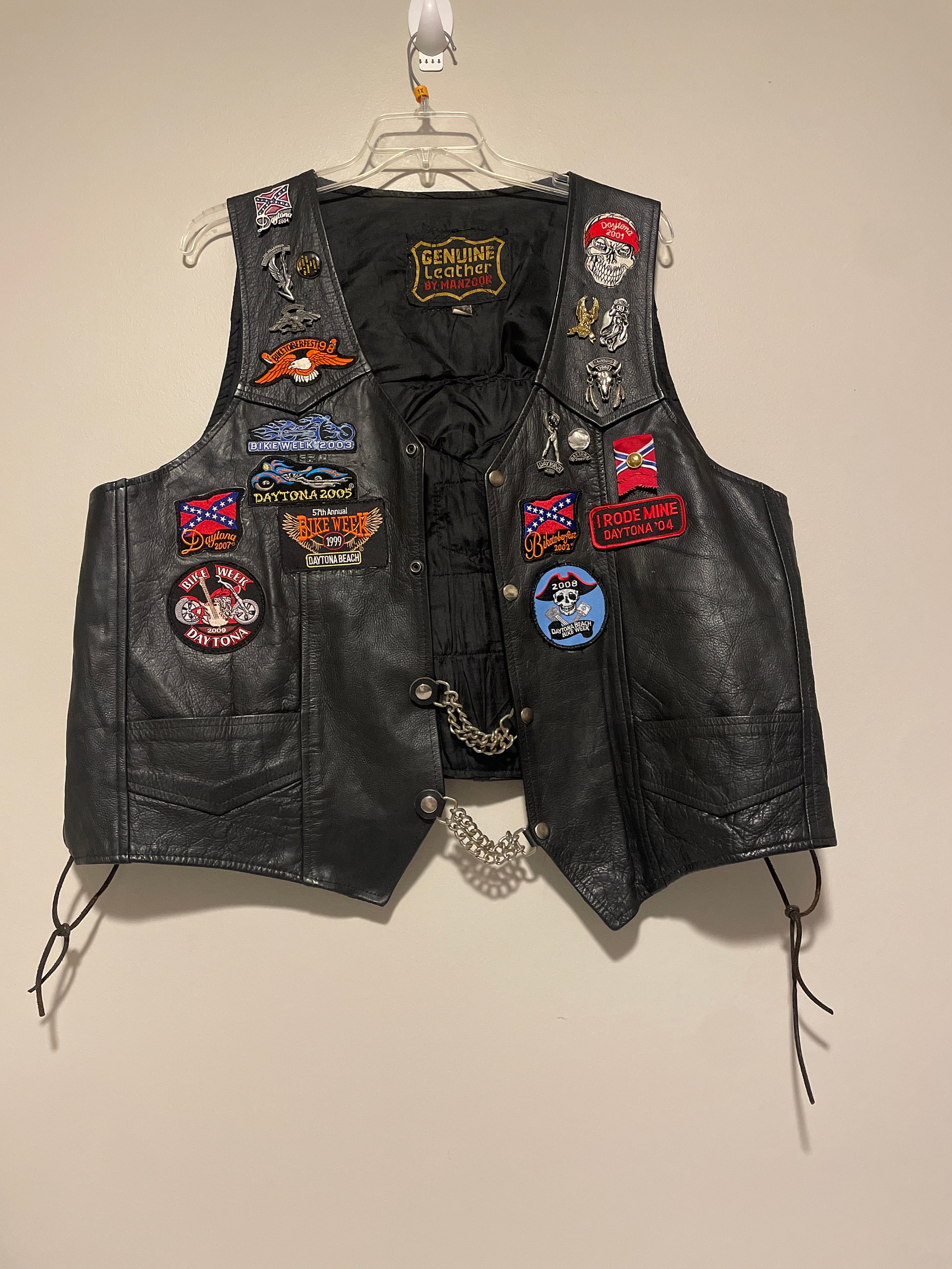 Leather Biker Vest with Patches & Pins Made in USA Size Large