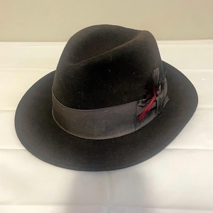 May include: A dark grey fedora hat with a black ribbon and a small red feather accent.
