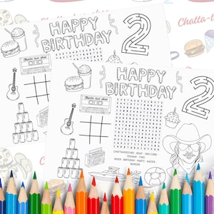 Puede incluir: Un conjunto de cuatro páginas para colorear imprimibles con un tema de cumpleaños con un número dos, una búsqueda de palabras, un juego de tres en raya y un laberinto. Las páginas son en blanco y negro y presentan un tema de música country con imágenes de una guitarra, un sombrero de vaquero, un barco y una hamburguesa.