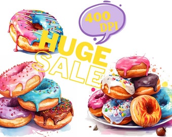 Donut Clipart, Doughnut PNG, Donut Watercolor - Set of 12 PNG Files, 80+ different donuts Transparent Background - 400 DPI - Commercial Use