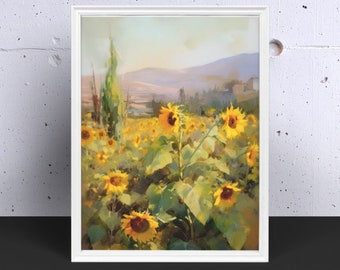 Zonnebloemveldolieverfschilderij, botanische kunstafdruk (digitale download)
