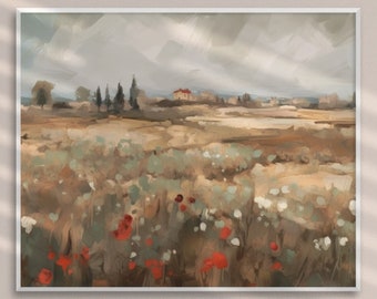Poppy Field-olieverfschilderij Art Print, bloemenlandschap (digitale download)