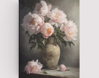 Blush pioenroos olieverfschilderij: bloemenstilleven (digitale download)