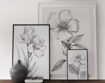 Floral Sketch Art Print Set, zwart-witte bloem muurdecoratie (digitale download)