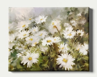 Daisy Oil Painting Floral Art Print, Flower Field (Digital Download)