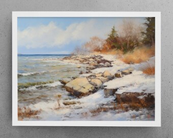 Snowy Shore-olieverfschilderij, kustlandschap muurkunst (digitale download)