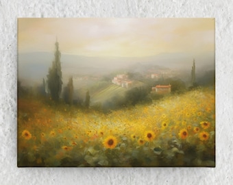 Zonnebloemveld olieverfschilderij stijl print, bloemen muurkunst (digitale download)