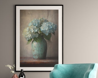 Blauwe hortensia bloemenolieverfschilderij, stillevenkunst aan de muur (digitale download)