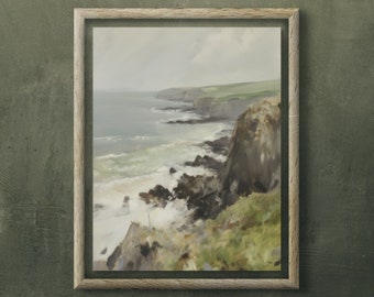 Kustklif olieverfschilderij, zeegezicht kunst aan de muur (digitale download)