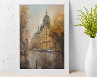 Op de afbeelding: Een schilderij van een straatbeeld in een stad met een hoog gebouw op de achtergrond. De straat is nat van de regen en er staan auto's geparkeerd aan de kant van de weg. Het gebouw is geschilderd in tinten bruin en geel, en de lucht is lichtblauw.