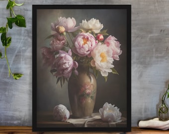 Pioen stillevenkunstprint, pastel bloemenschilderij (digitale download)
