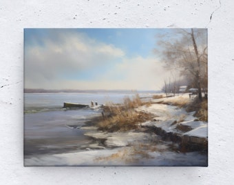 Winter Seashore Oil Painting Art Print, Coastal Landscape (Digital Download)