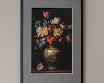Donker bloemenstilleven, antieke vaaskunstprint (digitale download)