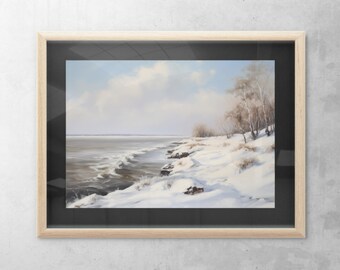 Winter kustolieverfschilderij, kustlandschapskunst (digitale download)