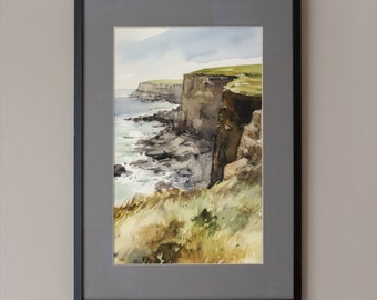 Aquarelprint kustklif, kunst aan de muur zeegezicht (digitale download)