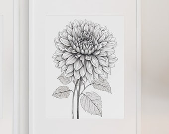 Dahliabloemenprint, zwart-witte bloemenschets (digitale download)