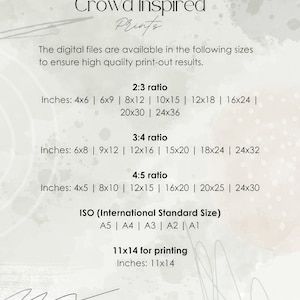 Op de afbeelding: Een tabel met verschillende afdrukformaten in inches voor digitale bestanden. De tabel heeft de titel "Crowd Inspired Prints" en bevat formaten voor de verhoudingen 2:3, 3:4 en 4:5. Het bevat ook standaardformaten zoals A5, A4, A3, A2 en A1. De tabel bevat ook een formaat van 11x14 inch voor afdrukken.