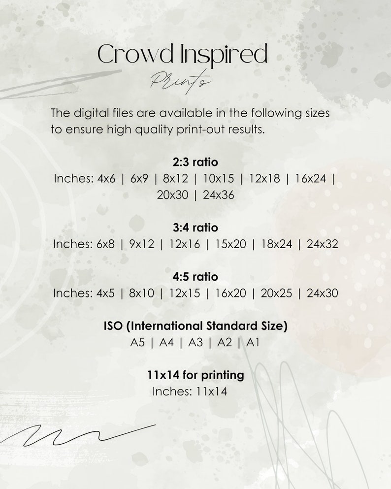 Op de afbeelding: Een tabel met verschillende afdrukformaten in inches voor digitale bestanden. De tabel heeft de titel "Crowd Inspired Prints" en bevat formaten voor de verhoudingen 2:3, 3:4 en 4:5. Het bevat ook standaardformaten zoals A5, A4, A3, A2 en A1. De tabel bevat ook een formaat van 11x14 inch voor afdrukken.