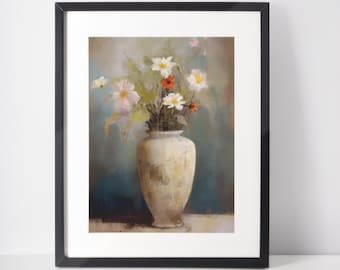 Vaas met wilde bloemen, olieverfschilderij, stillevenkunst met bloemen (digitale download)