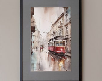 Istanbul aquarel, nostalgische trolley street art (digitale download)