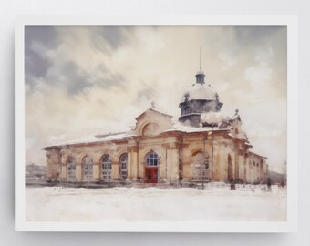 Istanbul winterarchitectuur print, stad olieverfschilderij (digitale download)